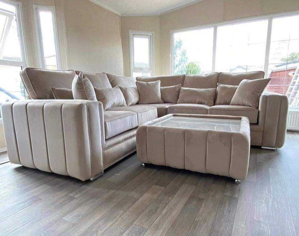 LILLY PLUSH VELVET CORNER SOFA WITH ELEGANT PIPING DETAIL