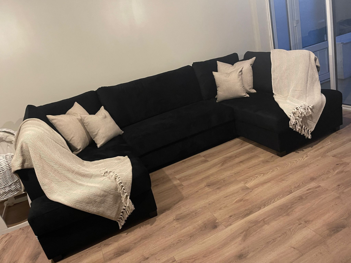 Meri U Shape Sofa Bed with Storage Black Plush Velvet