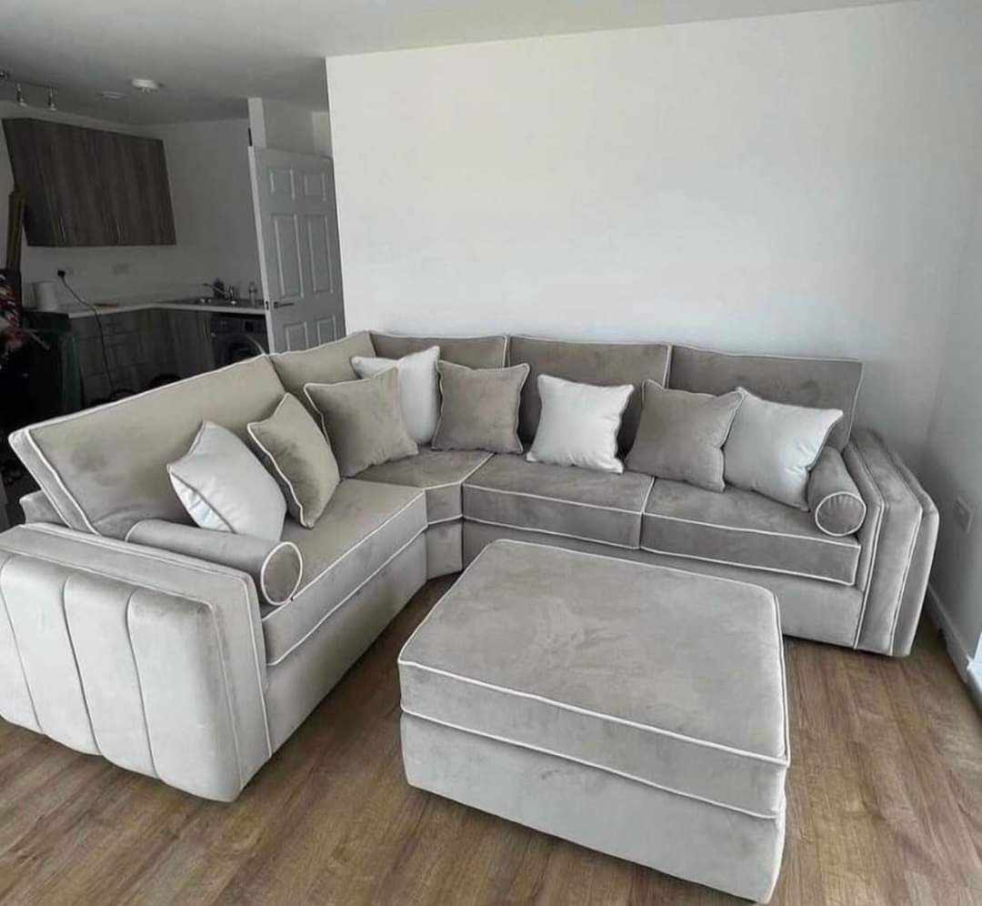 LILLY PLUSH VELVET CORNER SOFA WITH ELEGANT PIPING DETAIL